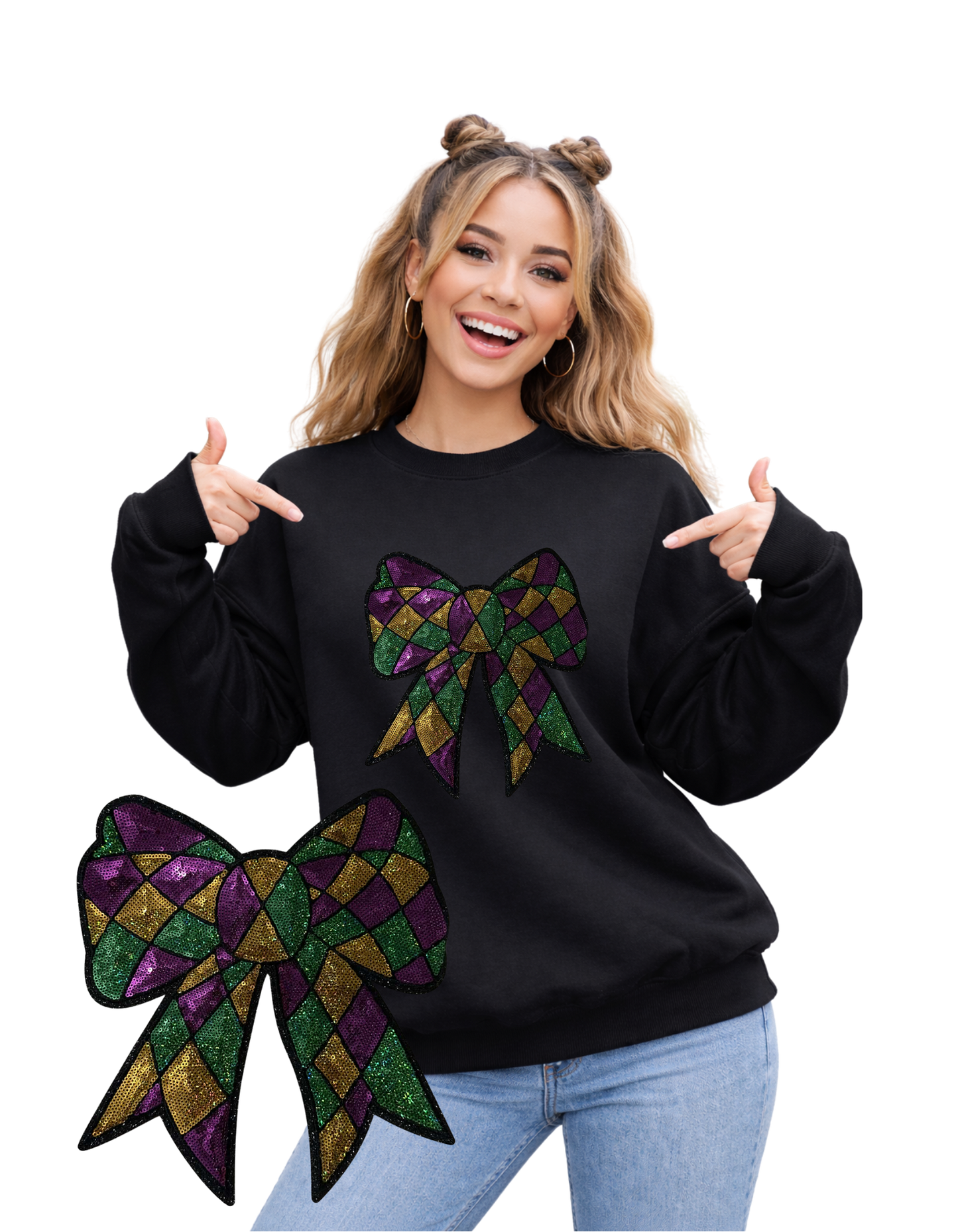 Mardi Gras Crewneck-Checkered Bow