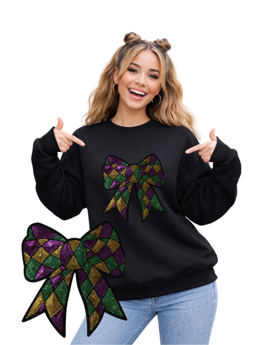 Mardi Gras Crewneck-Checkered Bow