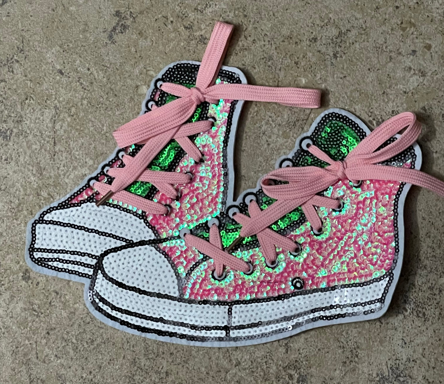 Sequin Pink and Lime Green Sneakers Iron On Patch