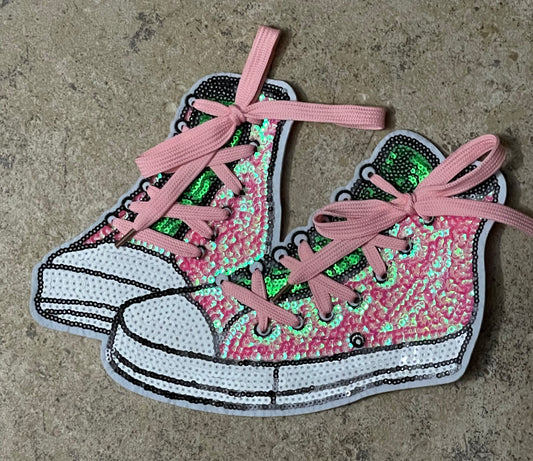 Sequin Pink and Lime Green Sneakers Iron On Patch