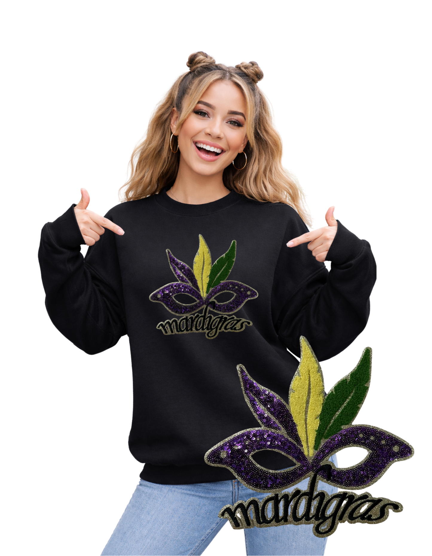 Mardi Gras Crewneck-Mask with Feathers
