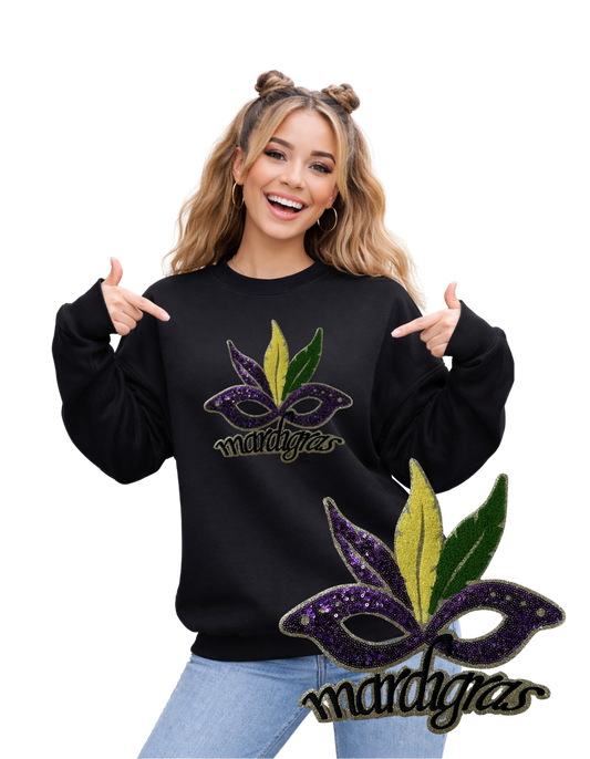 Mardi Gras Crewneck-Mask with Feathers