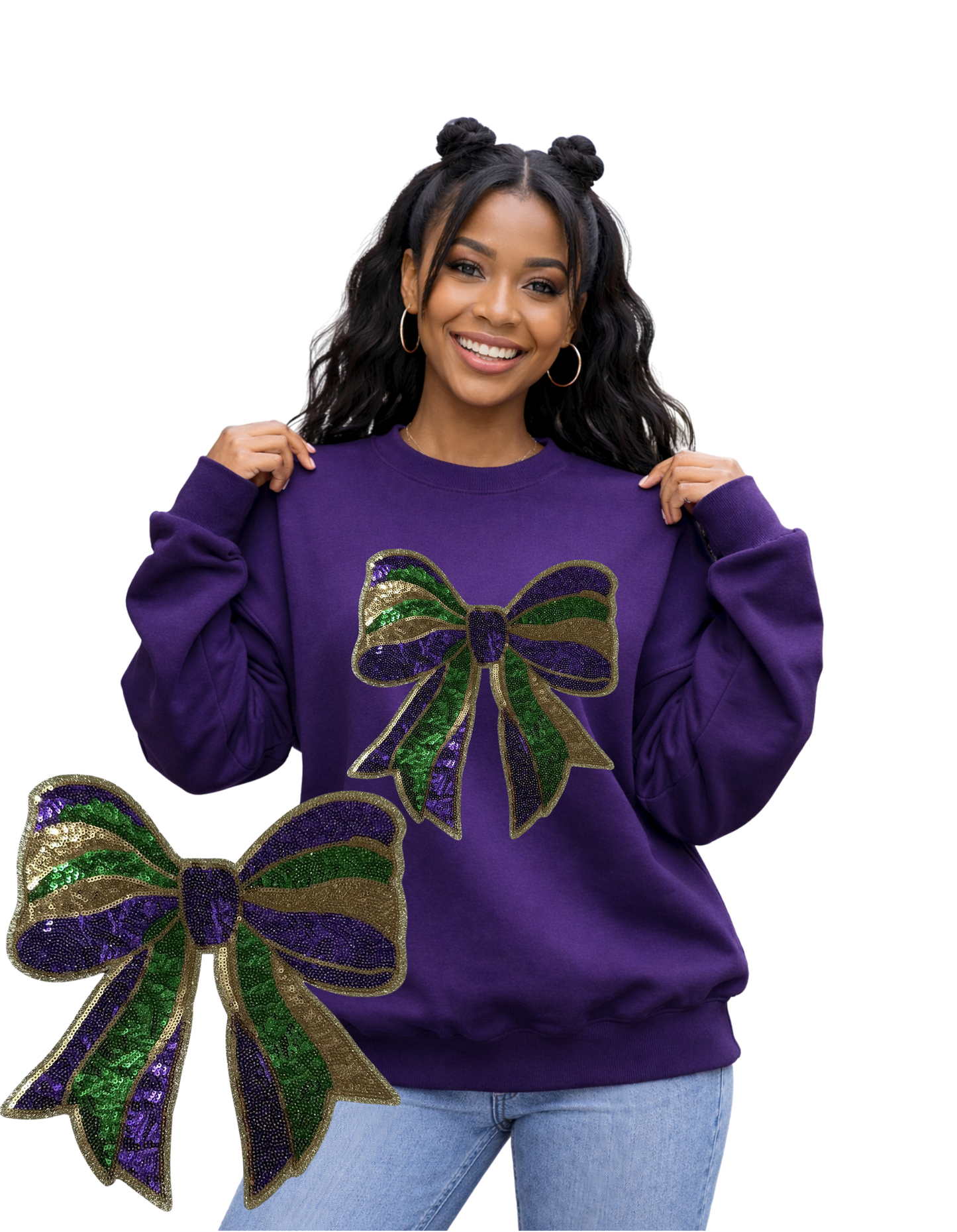 Mardi Gras Crewneck-Sequin Bow